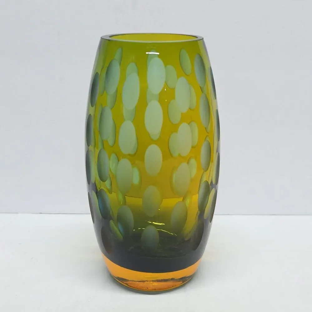 Vintage MCM Abstract Art Glass Vase Green & Amber Frosted Thumbprint - Picture 2 of 11